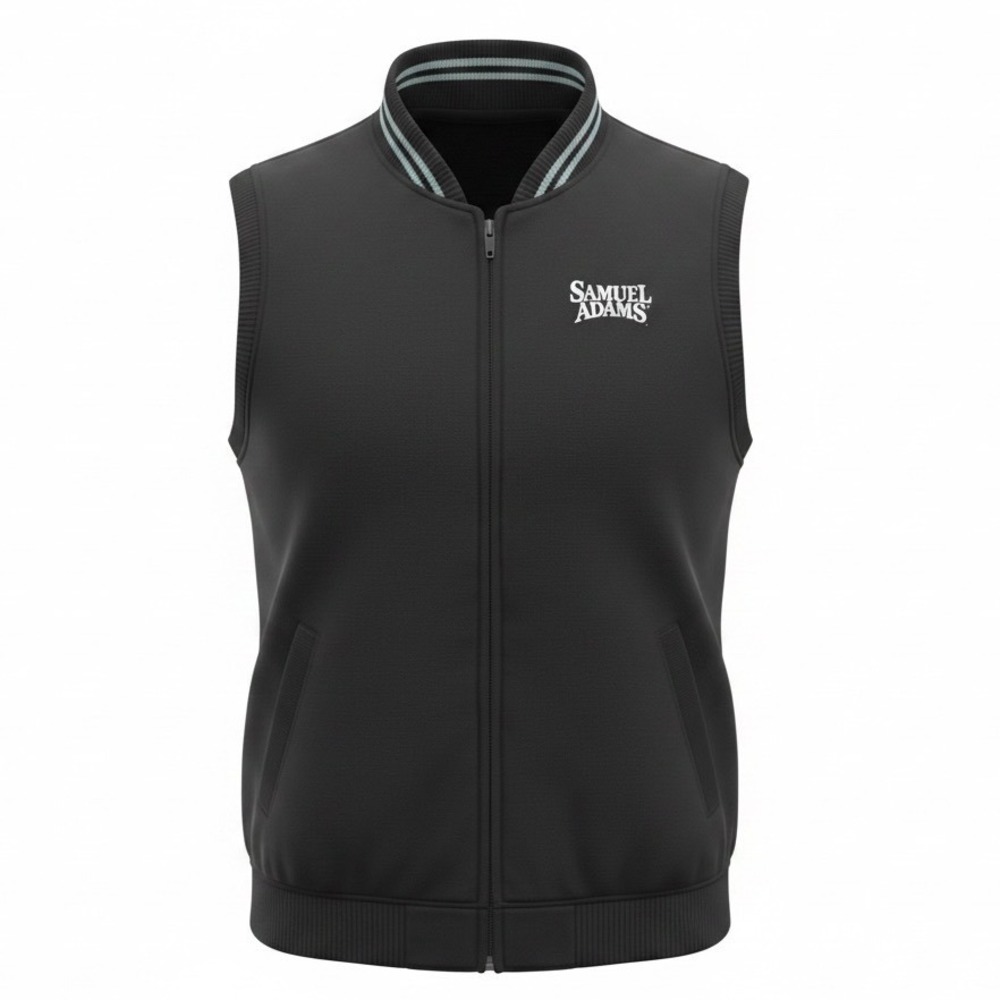 Samuel Adams Mens XL Black Fleece Full Zip Vest Brewery‎ Logo Striped Collar